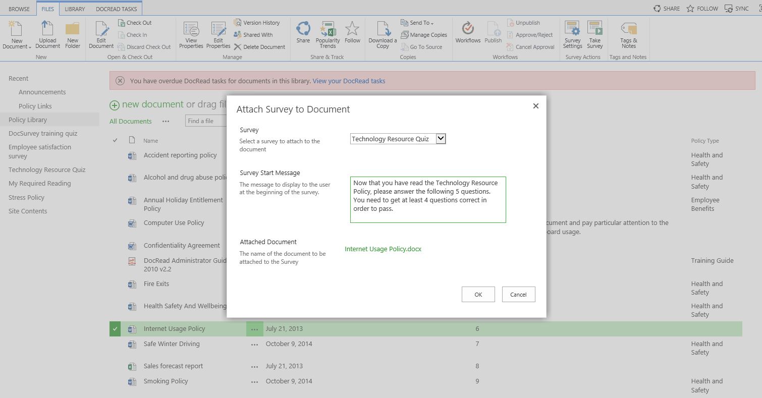 Image showing how to attach a quiz to a document