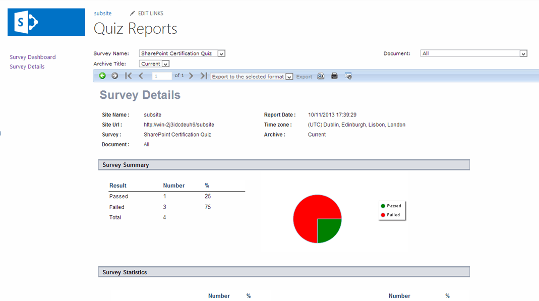 quiz dashboard Image showing the quiz reporting dashboard