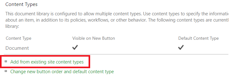 Image showing the add from existing site content types option