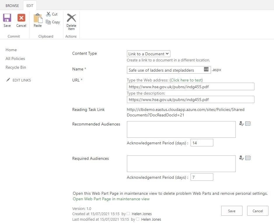 edit properties of document to set reading