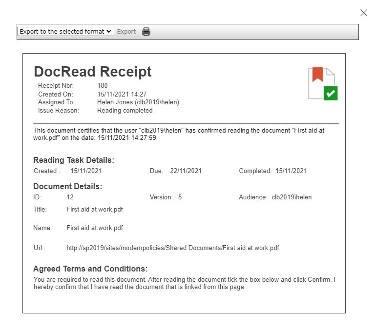 Reading receipt Screenshot of a DocRead reading receipt