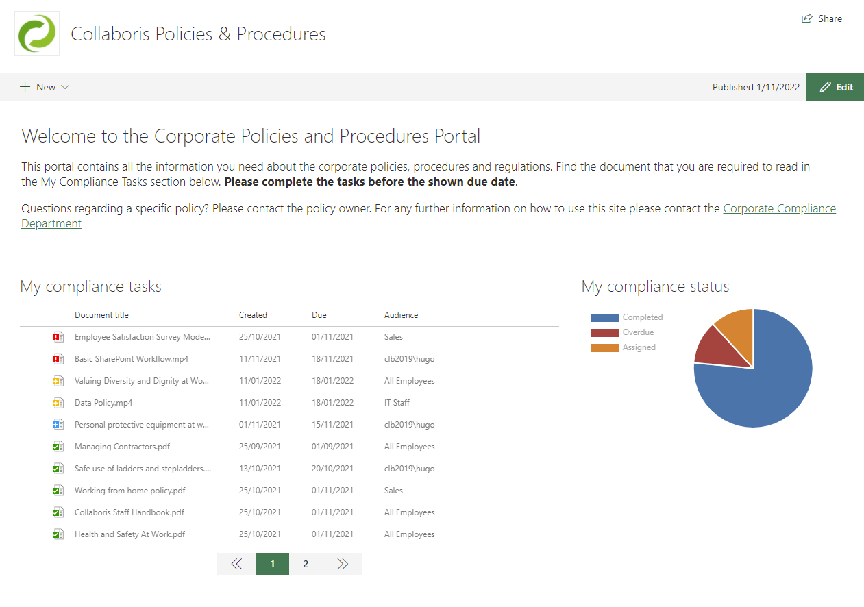 Screenshot of the Collaboris Policies and Procedures homepage