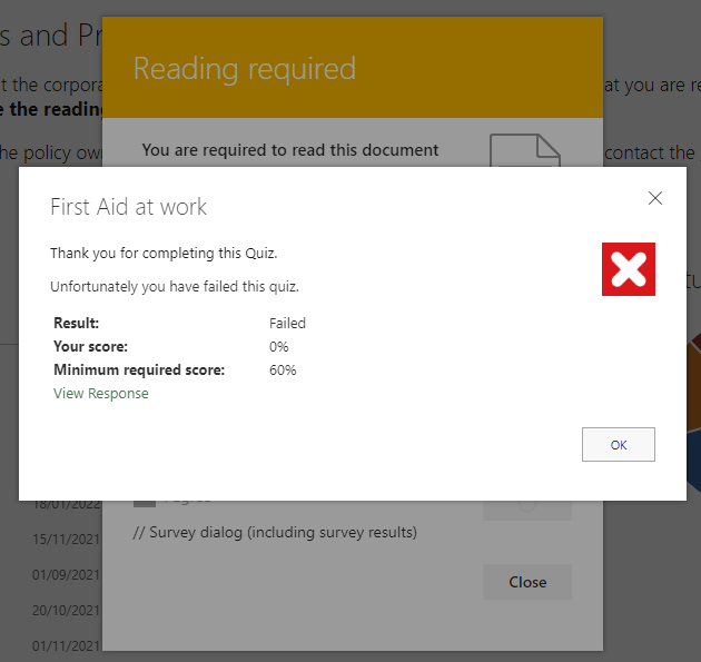 Quiz failed Screenshot of a failed Questionnaire