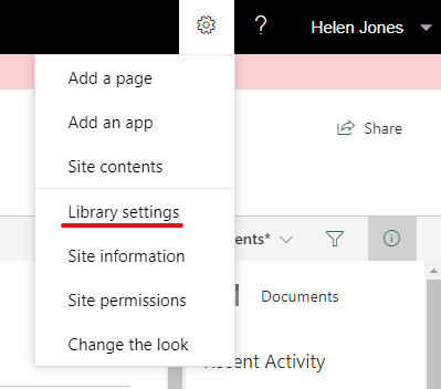 Image showing the Library setting option in SharePoint