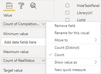 Image showing how to change the fields to show a count of the values