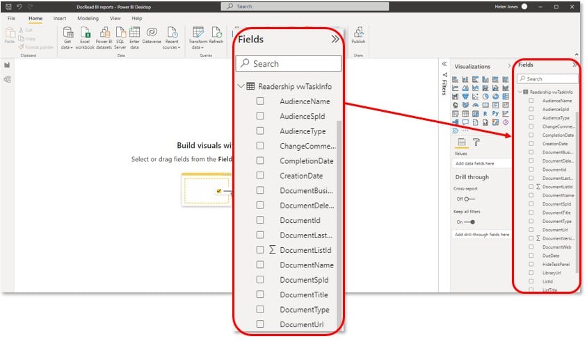 available fields for the Power BI report Image showing some of the fields available in the Readership vwTaskInfo table