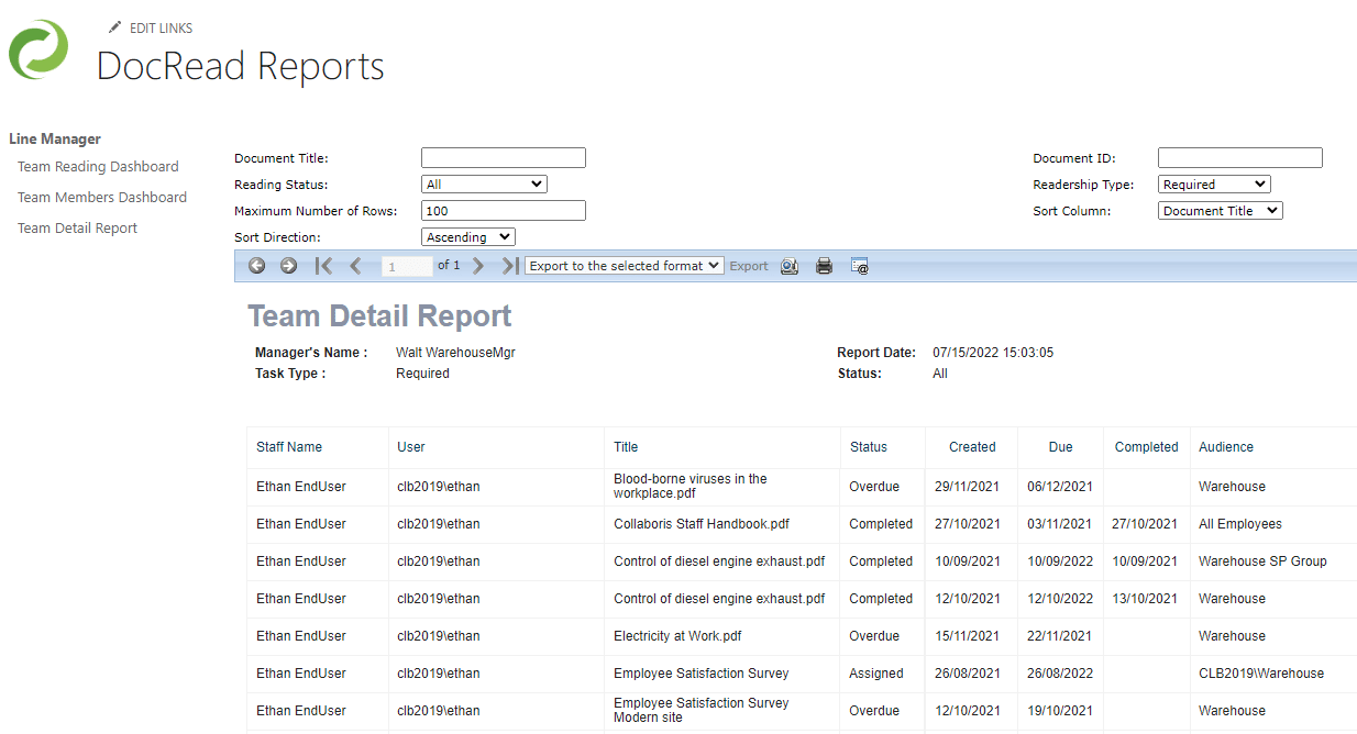 Image showing the Team detail report for a single user