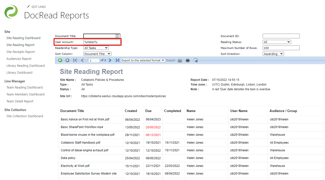 Image showing the DocRead site reading report filtered by name