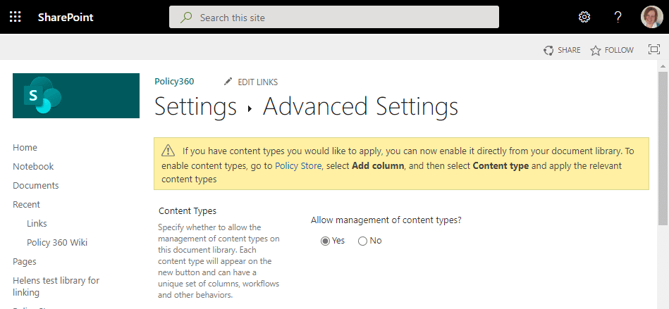 Image showing how to allow the management of content types