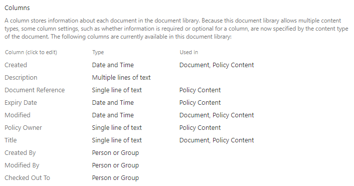 image showing the created columns in the content type to use as document links