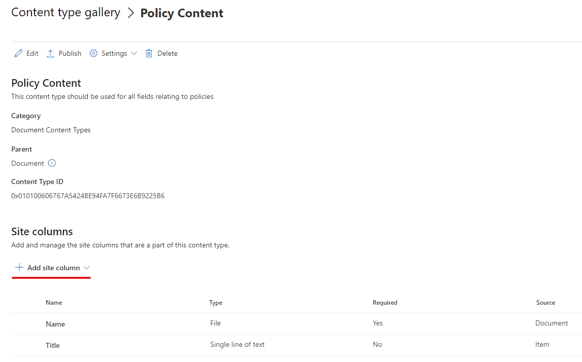 image showing how to add a site column to the policy type