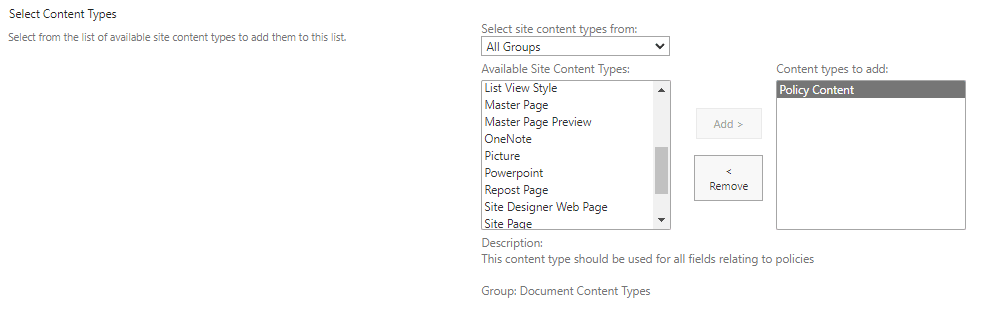 image showing the added policy content type