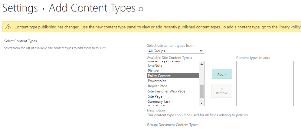 Image showing how to add the new content type