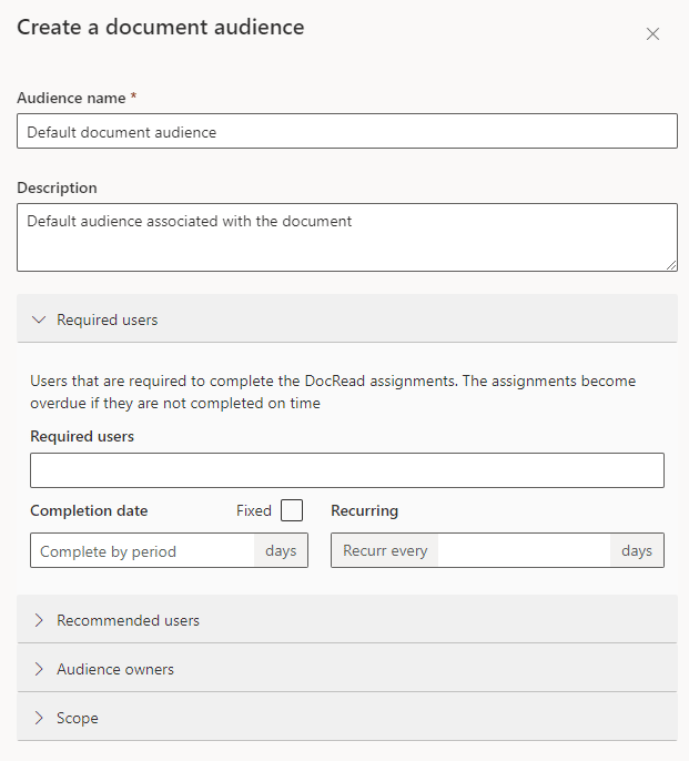 Create a document audience Image showing the create a document audience screen