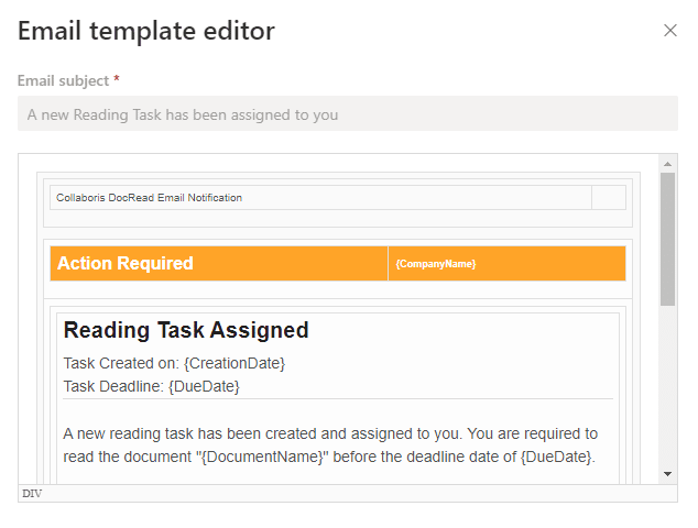 Image showing the DocRead email template editor