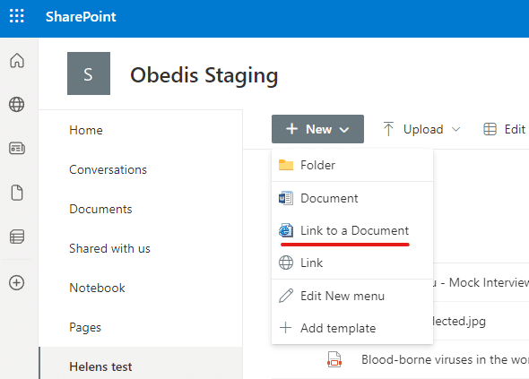 Image showing the new link to a document option in Office365