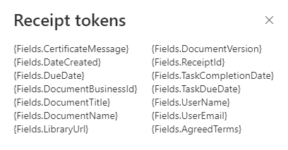 Image showing the available tokens that can be used in DocRead receipts