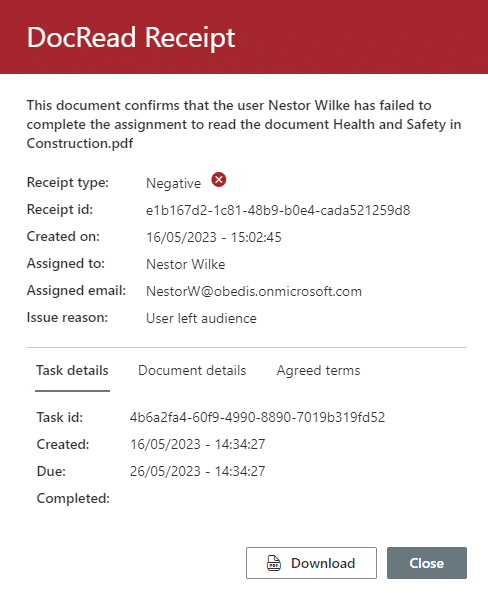 Image showing a DocRead365 negative reading receipt