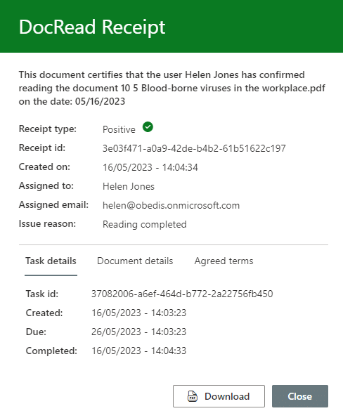 Image showing a DocRead365 positive reading receipt