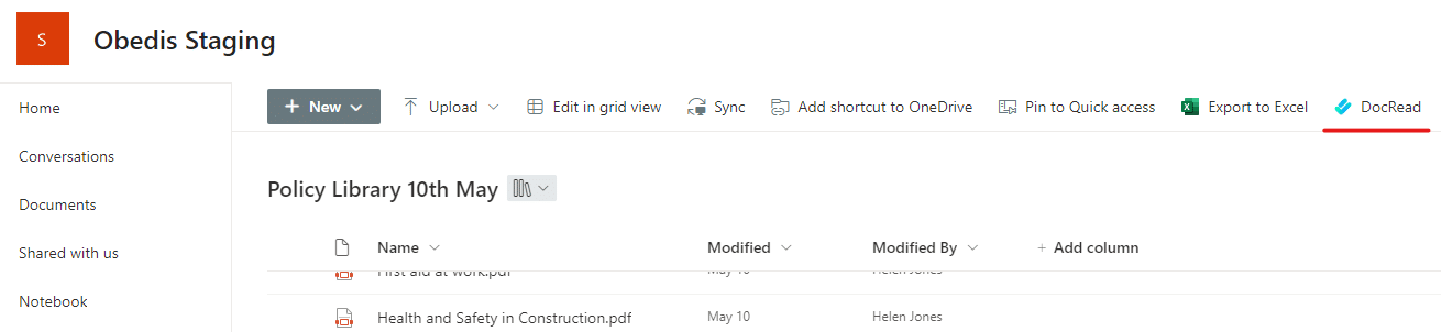 image showing the DocRead option in a library menu