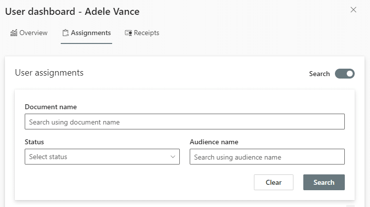 image showing the search options for DocRead user dashboard assignments