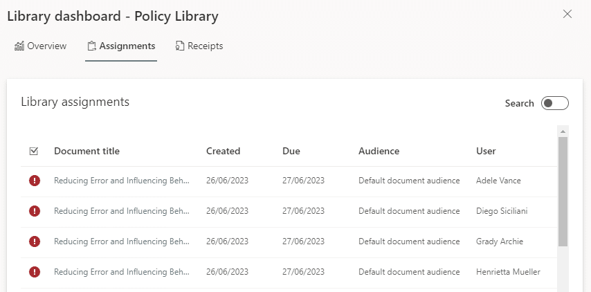 image showing the library dashboard assignments screen