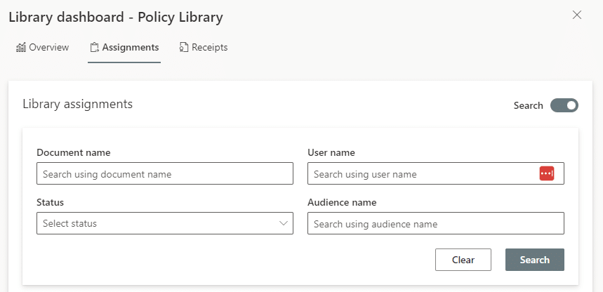 image showing the library dashboard assignment search options in DocRead365