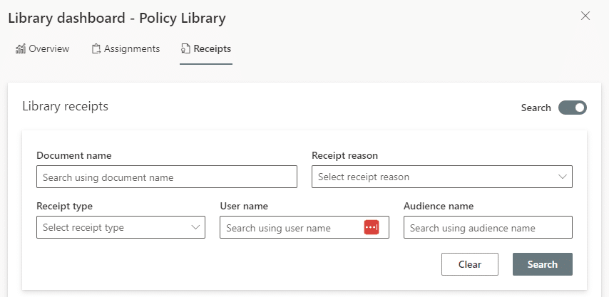 image showing the receipts search options in DocRead365