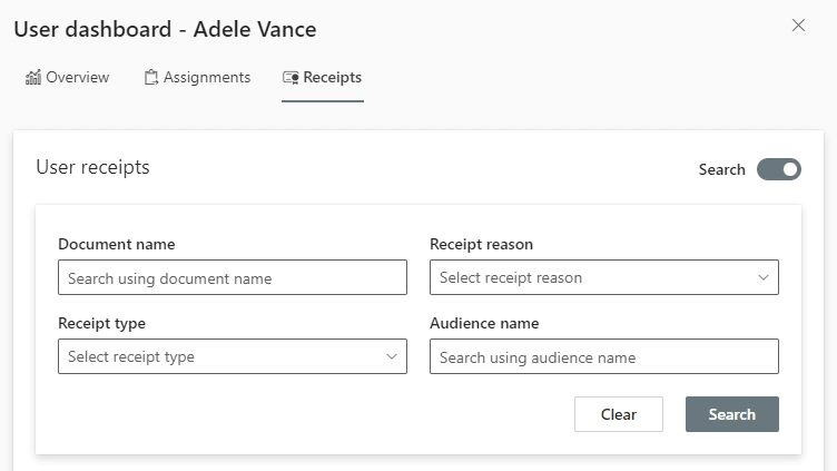 image showing the search options for DocRead user dashboard receipts