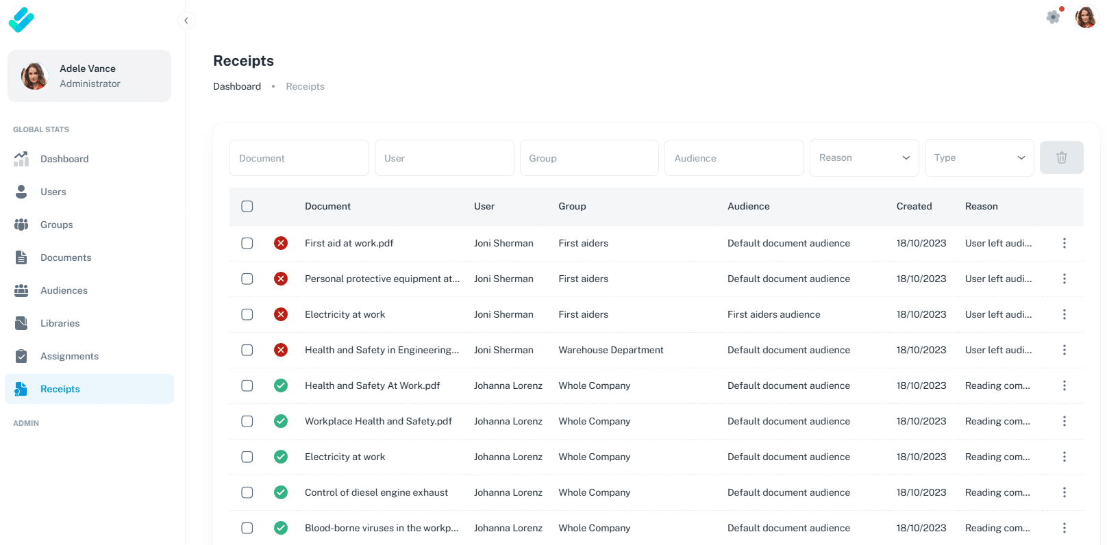 image showing the DocRead receipt dashboard