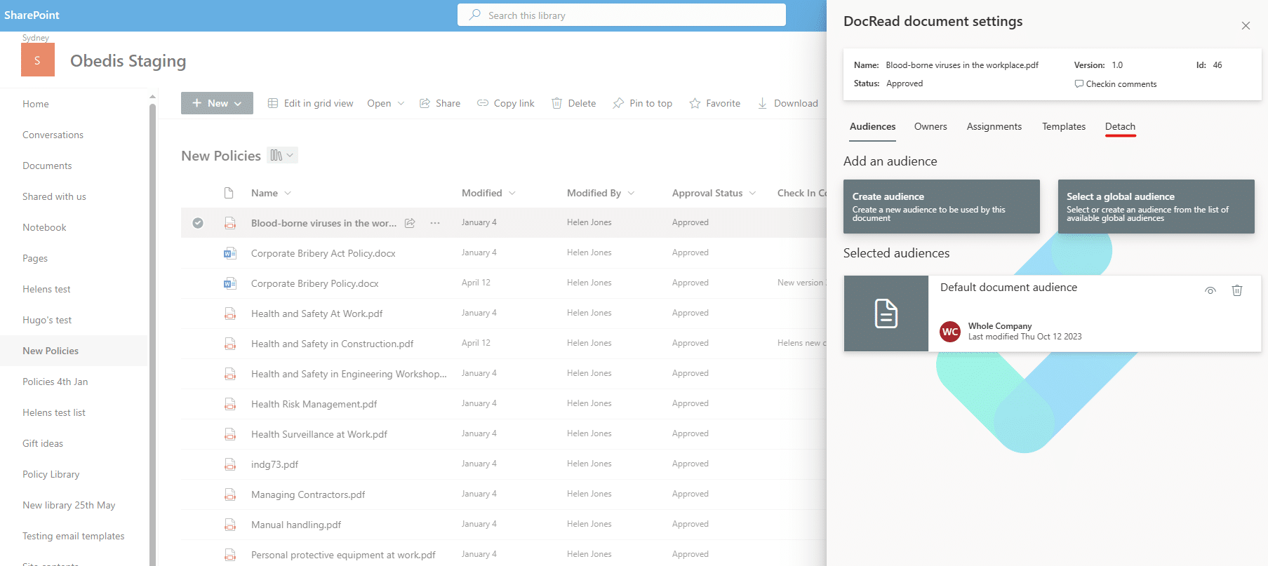 Image showing the Detach option in DocRead document settings