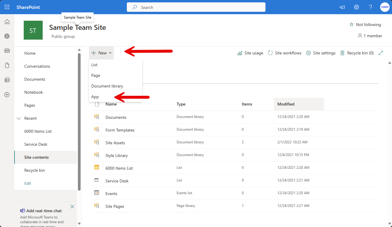 Screenshot showing how to add a new app to SharePoint