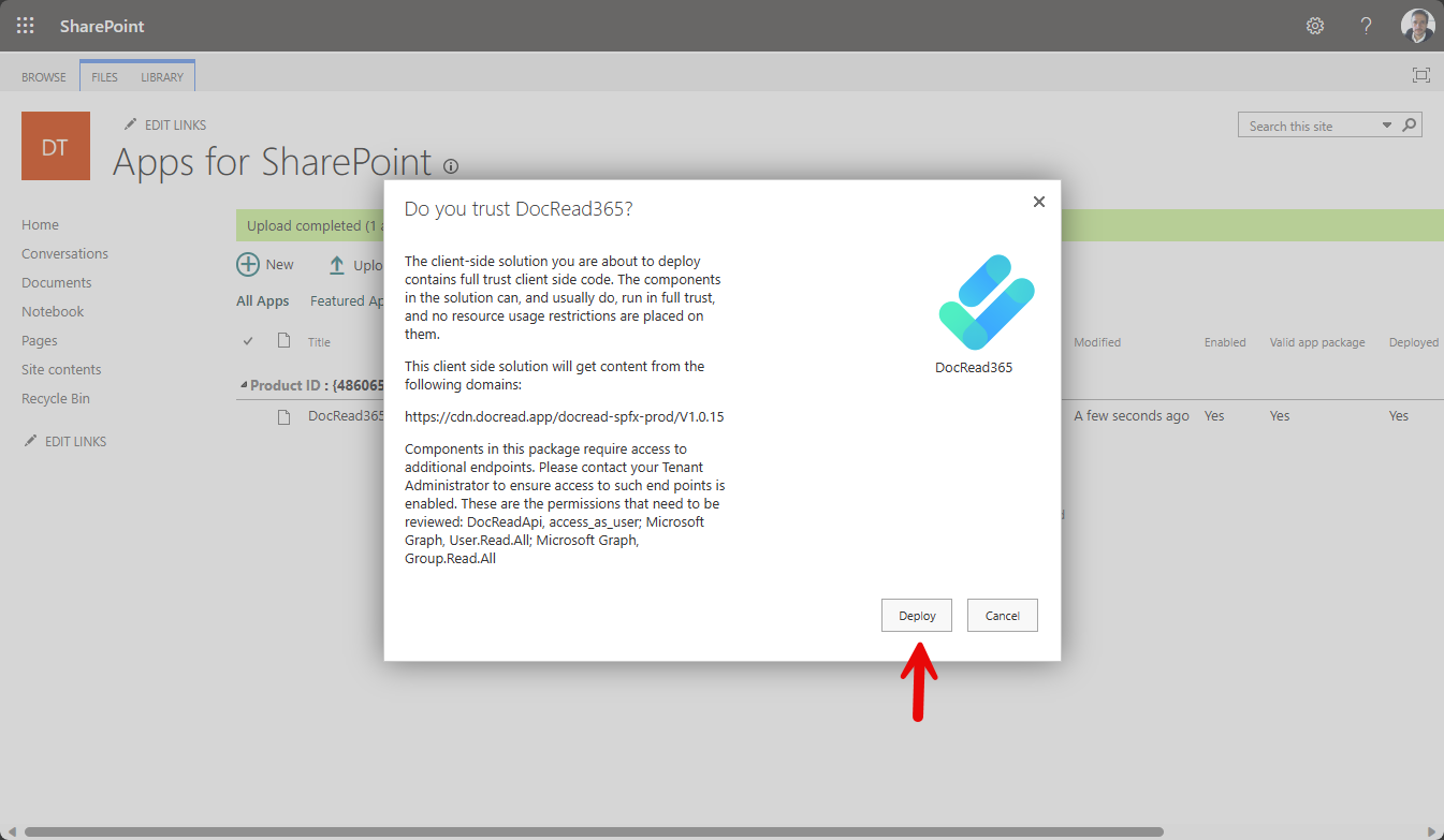 Screenshot of SharePoint asking to authorise an app deployment