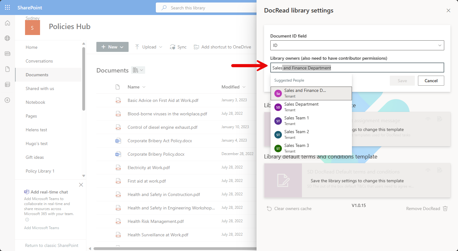 Screenshot of the DocRead library settings panel showing the library owners control