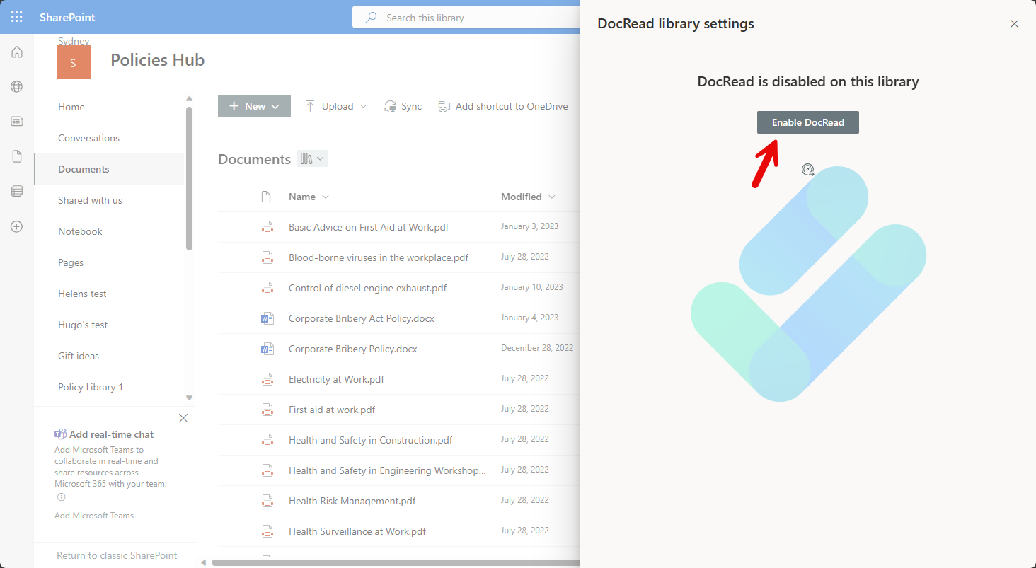 Screenshot of the DocRead library settings panel