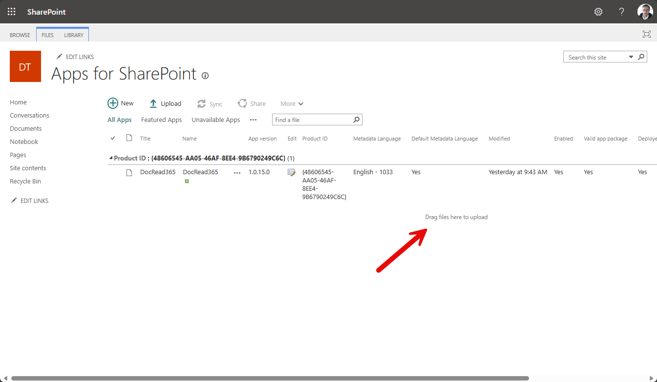 Screenshot of the SharePoint app catalog with the DocRead app