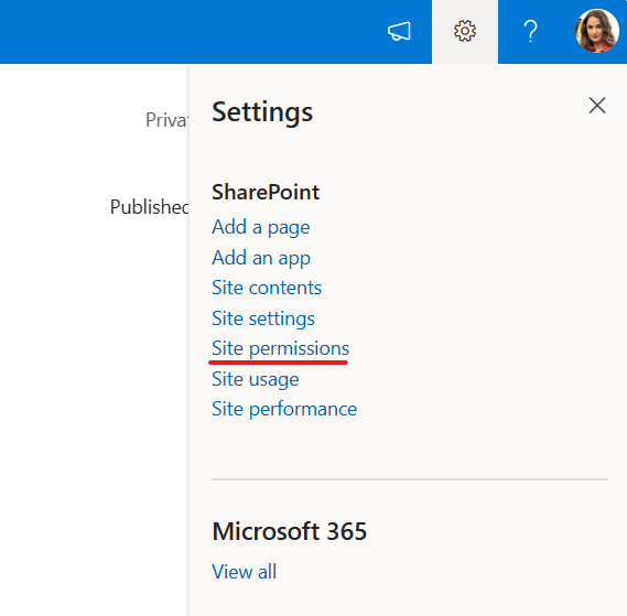 image showing the site permissions menu in a SharePoint site