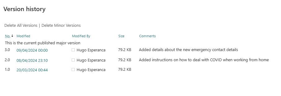 image showing a document version history