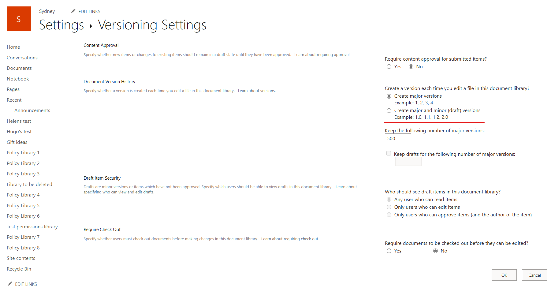 image showing the available versioning settings