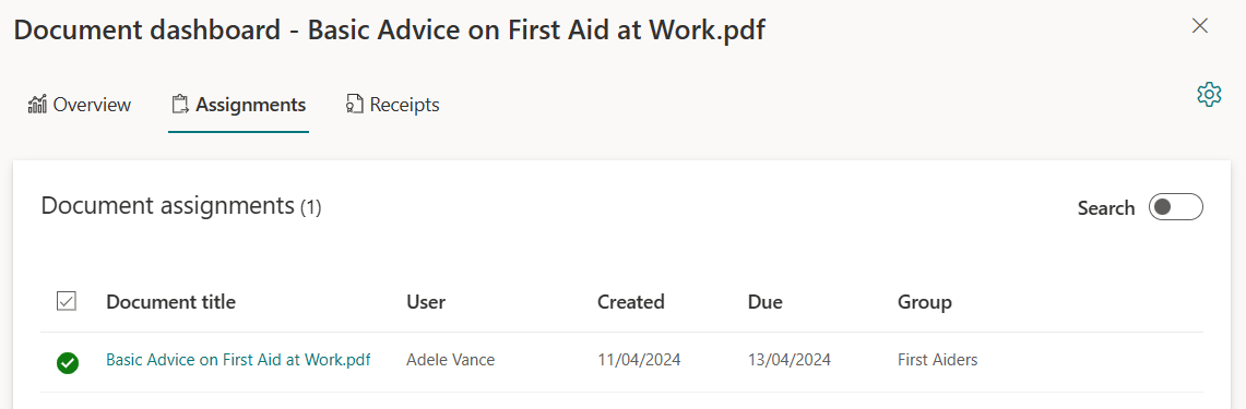 image showing the document receipts dashboard after the audience was removed