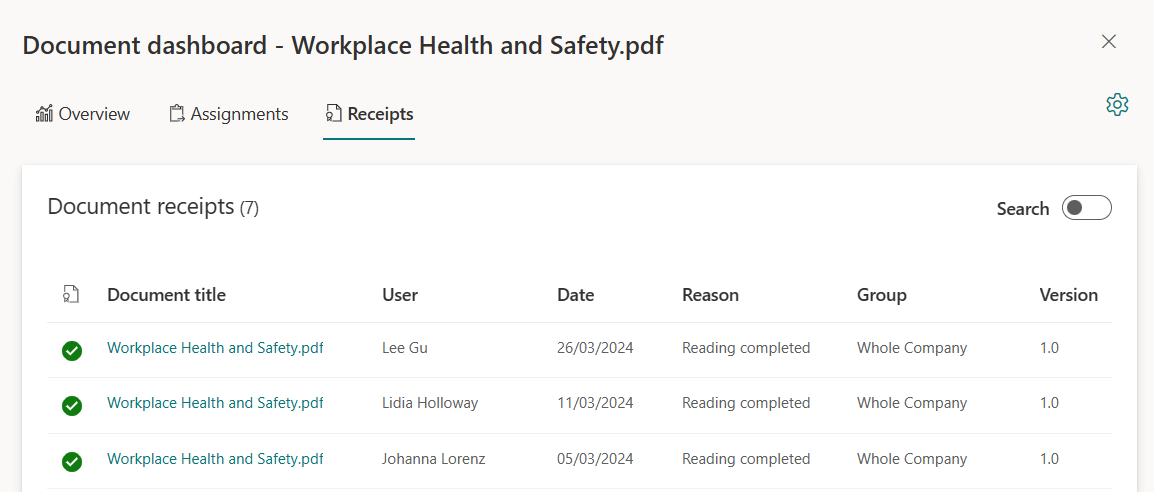 DocRead dashboard showing document version number