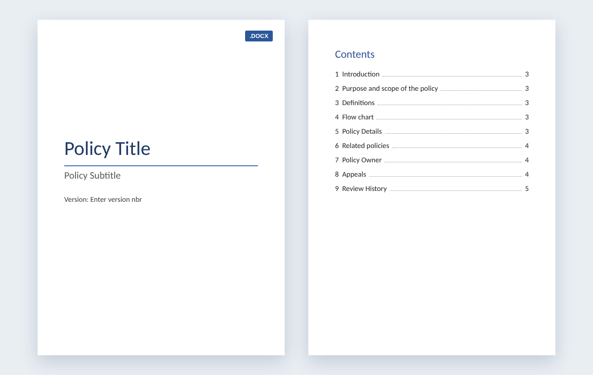 Preview of the free policy template for Microsoft Word: title page with policy title, subtitle and version, and a contents page listing nine sections